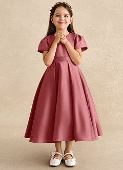 Azazie Princess Flower Girl Dresses Antique Rose A-Line Pleated Matte Satin Dress image4