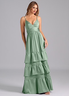 Azazie Nathalia Bridesmaid Dresses Agave A-Line Pleated Stretch Satin Dress image1