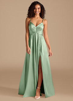 Azazie Alia Abiti da Damigella Abito A-Line in Raso Metallizzato Plissettato Matcha image8