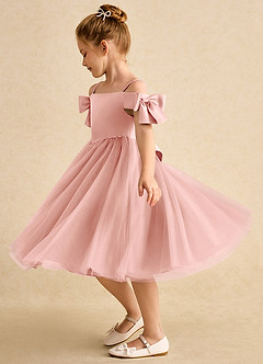 Azazie Amie Flower Girl Dresses Rosette A-Line Off the Shoulder Matte Satin Dress image4