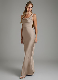 Azazie Elena Bridesmaid Dresses Taupe Mermaid Pleated Stretch Satin Dress image4
