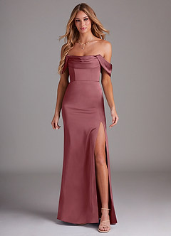 Azazie Saige Bridesmaid Dresses Desert Rose Sheath Off the Shoulder Stretch Satin Dress image3
