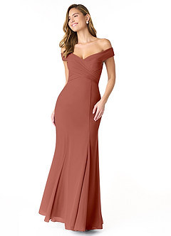 Azazie Lecia Bridesmaid Dresses Auburn Empire Off-The-Shoulder Pleated Chiffon Convertible Dress image1