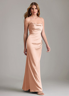Azazie Lucille Vestidos de damas de honor Vestido de Oro Rosa de Satén Elástico de Corte Sirena Convertible con Sin tirantes image4