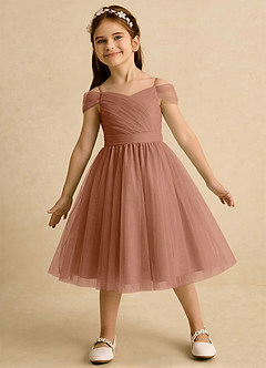 Azazie Lila Girls Formal Robe Demoiselle D'honneur Fillette Robe Trapèze en Tulle Épaule décolletée Bronze image3