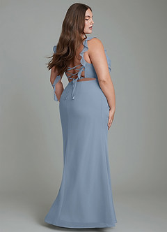 Azazie Jessamine Vestidos de damas de honor Vestido Azul Polvoriento de Gasa de Corte Sirena con Corsé image10