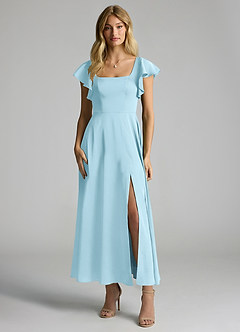 Azazie Bondi 신부 들러리 드레스 A라인 셔링 스트레치 새틴 발목 길이 드레스 image4