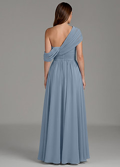 Azazie Nyah Robes à essayer chez vous Robe Trapèze en Mousseline de soie Épaule décolletée Bleu Poussiéreux image2