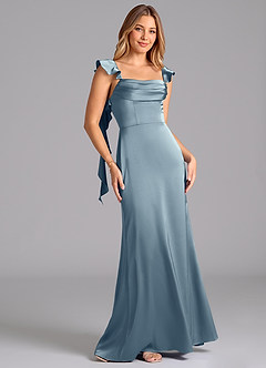 Azazie Adi Probar vestidos en casa Vestido de Borgoña de Satén Elástico de Corte en A con Plisado image5