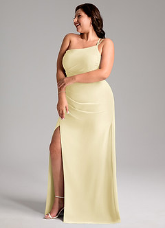 Azazie Eren Vestidos de damas de honor Vestido de Sorbete De Limón de Gasa de Corte Recto con Hombro unilateral image11