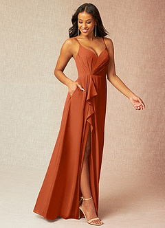 Azazie Kyedae Bridesmaid Dresses Burnt Orange A-Line V-Neck Pleated Chiffon Dress image3