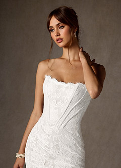 Azazie Starla Wedding Dresses Diamond White Sheath Strapless Lace Dress image6