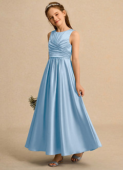 Azazie Ducky Girls Formal Flower Girl Dresses Powder Blue A-Line Pleated Stretch Satin Dress image3