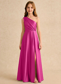 Azazie Puddles Girls Formal Abiti da Ragazza di Fiori Abito A-Line in Raso Elasticizzato Monospalla Fucsia image6