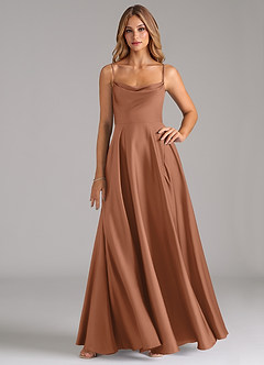 Azazie Elle Bridesmaid Dresses Bronzer A-Line Pleated Stretch Satin Dress image1