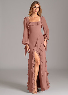 Azazie Candice 신부 들러리 드레스 A라인 긴팔 쉬폰 바닥 길이 드레스 image4