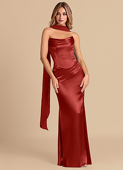 Azazie Sorrel Bridesmaid Dresses Rust Mermaid Corset Metallic Satin Convertible Dress image3