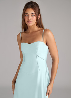 Azazie Valentine Bridesmaid Dresses Sea Glass A-Line Corset Stretch Satin Dress image6