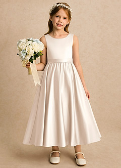 Azazie Karlie vestidos de niña de las flores Vestido Alabastro Blanco de Satin Mate de Línea A con Plisado image4