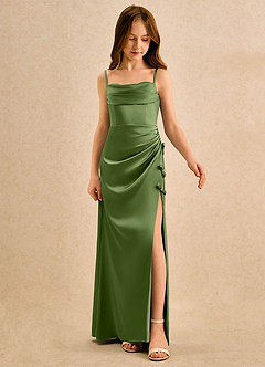 Azazie Bundt Girls Formal Robe Demoiselle D'honneur Fillette Robe Trapèze en Satin extensible Plissée Genévrier image3