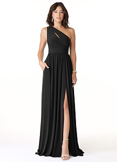 Azazie Jasna Vestidos de damas de honor Vestido de Negro de Punto de lujo de Corte en A con Hombro unilateral image1