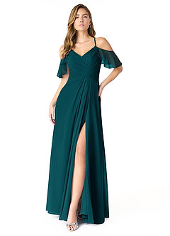 Azazie Dakota Bridesmaid Dresses Pine A-Line V-Neck Pleated Chiffon Dress image1