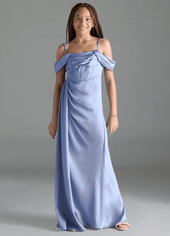 Azazie Amyra Junior Ice Sheath Off the Shoulder Stretch Satin Dress image1