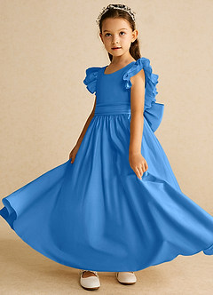 Azazie Piglette Flower Girl Dresses Blue Jay A-Line Bow Matte Satin Dress image2