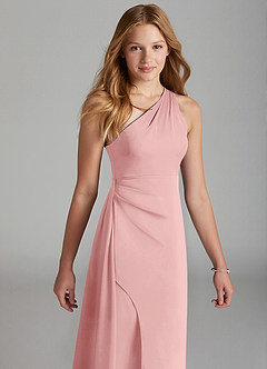 Azazie Maron Junior Powder Pink A-Line Pleated Stretch Satin Dress image3