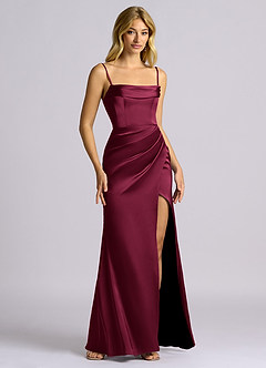 Azazie Auden Robes de demoiselle d'honneur Robe Fourreau Convertible en Satin extensible Épaules dénudées Bourgogne image3