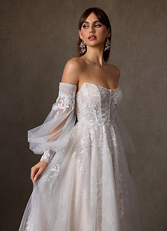 Azazie Elowyn Wedding Dresses Diamond White Champagne Ball-Gown Strapless Lace Dress image7