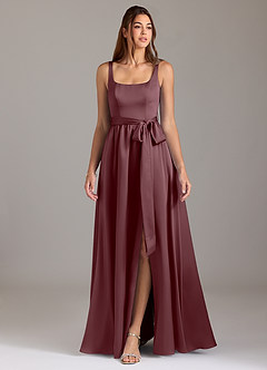 Azazie Elliott Bridesmaid Dresses Sangria A-Line with Pockets Stretch Satin Dress image3