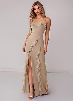 Azazie Malia Bridesmaid Dresses Taupe Sheath Ruched Chiffon Dress image3