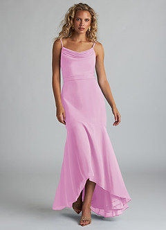 Azazie Summer Jurken voor bruidsmeisjes Jurk van Chiffon met Zeemeermin Schop cowl Snoep Roze image4