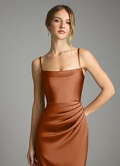 Azazie Leonis Bridesmaid Dresses Copper Mermaid Pleated Stretch Satin Convertible Dress image3