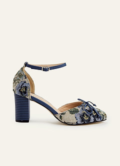 front Floral Tapestry Ankle Strap Block Heels