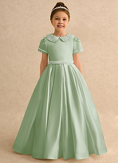 Azazie Gabriella Flower Girl Dresses Dusty Sage Ball-Gown with Sleeves Matte Satin Dress image4