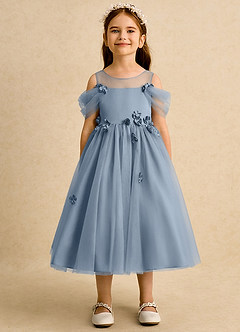 Azazie Juni Flower Girl Dresses Dusty Blue Ball-Gown Pleated Tulle Dress image5