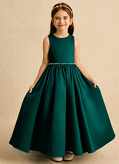 Azazie Daisies Robe Demoiselle D'honneur Fillette Robe Princesse en Mat Satiné Arc Vert Pin image5
