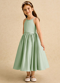 Azazie Indi Flower Girl Dresses Dusty Sage A-Line Bow Matte Satin Dress image7
