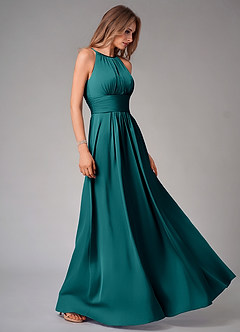 Azazie Bonnie Robes de demoiselle d'honneur Robe Trapèze en Satin extensible Plissée Paon image4
