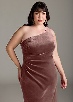 Azazie Argan Bridesmaid Dresses Espresso A-Line One Shoulder Pleated Velvet Dress image12