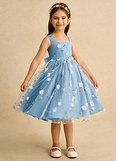 Azazie Bean 플라워 걸 드레스 볼가운 소매 없는 얇실버 명주 그물 무릎 길이 드레스 image4