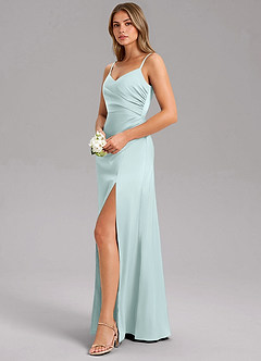 Azazie Azuree Bridesmaid Dresses Sea Glass A-Line Pleated Stretch Satin Dress image4