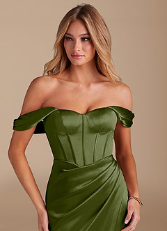 Azazie Asha Bridesmaid Dresses Olive Sheath Off the Shoulder Metallic Satin Dress image5