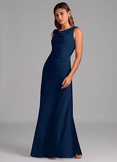 Azazie Nerine Bridesmaid Dresses Dark Navy A-Line Pleated Stretch Satin Dress image4