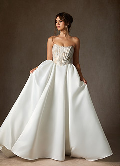 Azazie Mirabeth Wedding Dresses Diamond White Nude Ball-Gown Strapless Lace Dress image3
