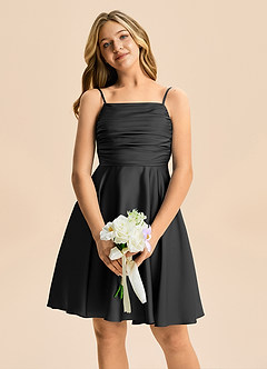 Azazie Miko Junior Vestido de Negro de Satén Elástico de Corte en A con Plisado image6