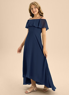 Azazie Maggie Junior Dark Navy A-Line Off the Shoulder Chiffon Dress image4