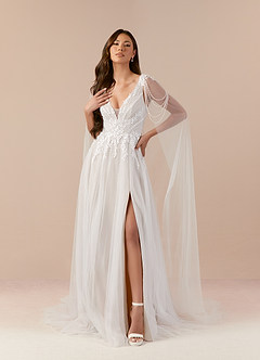 Azazie Goddess Vestidos de novia Vestido de Blanco Diamante Arena de Tul de Corte en A con Lentejuelas cuello pico image3